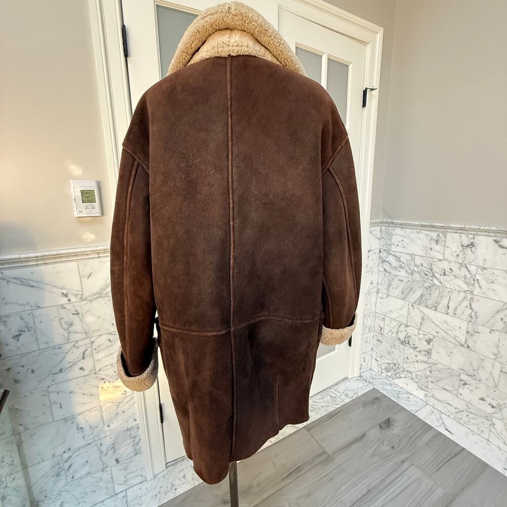 Vintage Chocolate Brown Double-Breasted Genuine Shearling Coat Reversible - Picture 6 of 12